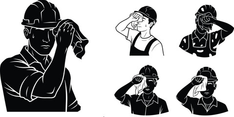Flat vector construction workers wiping sweat, hard hat safety, industrial labor, heat stress, manual work, fatigue illustration, building site, technical drawing