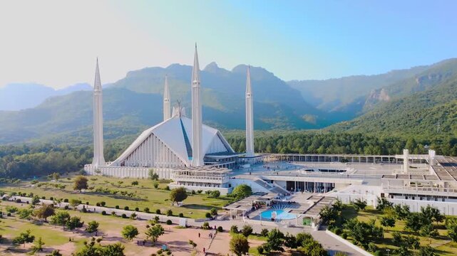 Aerial View of Faisal Mosque and Margalla Hills in Islamabad, Pakistan