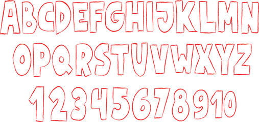 Hand drawn alphabet letters and numbers in a playful outlined font with a subtle gradient effect.