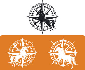 Fototapeta premium Silhouette of a powerful horse within a vintage compass rose design with directional points
