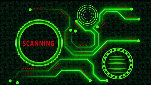 Futuristic Digital Interface with Scanning Text and Neon Green Circuitry on Dark Patterned 4k video Background