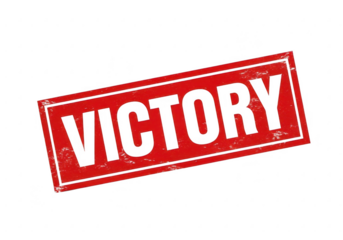 Bold red victory stamp emblem with textured surface symbolizing triumph and achievement transparent background