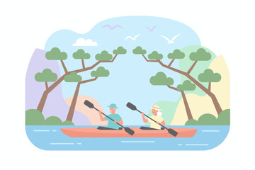 Senior couple kayaking on a calm river enjoying nature and an active lifestyle outdoors