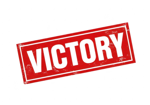 Bold red victory stamp emblem with textured surface symbolizing triumph and achievement transparent background