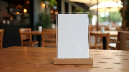 Blank acrylic menu stand mockup on a wooden café table with warm blurred background. Ideal for showcasing restaurant menus, promotions, or food and drink advertising designs.