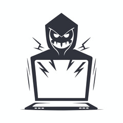 Isolated silhouette shows a faceless hooded figure working at a modern laptop against white