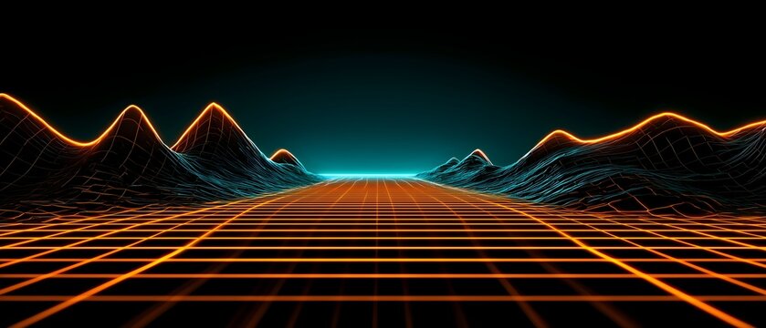 Futuristic glowing cyber grid landscape in orange and teal &ndash; AI generated