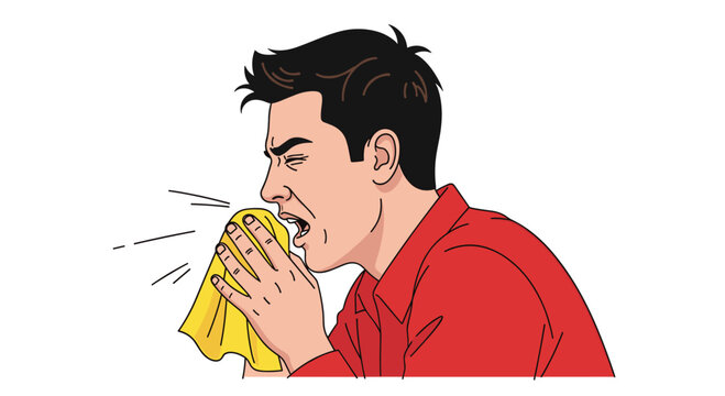 Man feeling sick sneezing into a tissue for health awareness campaigns or seasonal flu prevention posters in a vibrant, attention-grabbing style