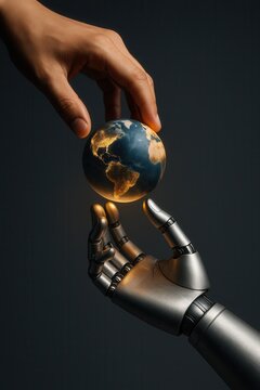 Human and robotic hand holding glowing Earth symbolizing AI and global connection