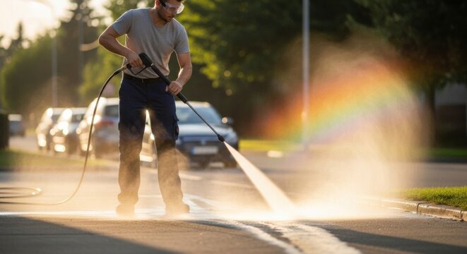 Urban street maintenance with pressure washer for enhanced cleanliness and safety