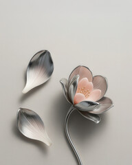 Elegant metallic flower with pink petals and fallen leaves on neutral background