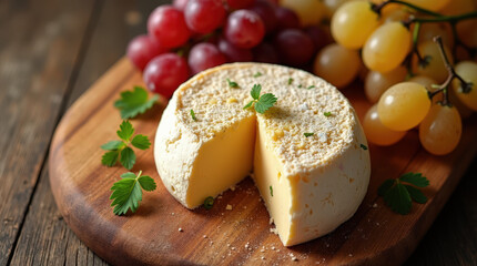 Cheese wheel cut with grapes and parsley on wooden cutting board  