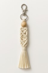 Macrame keychain with wooden bead and tassel on white background