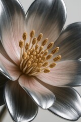 Metallic flower sculpture with pink petals and golden stamens close up