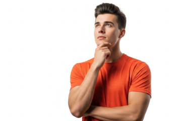 Thoughtful young man in orange shirt pondering a question with a pensive expression transparent background
