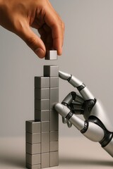 Human and robot hands stacking metal cubes symbolizing collaboration