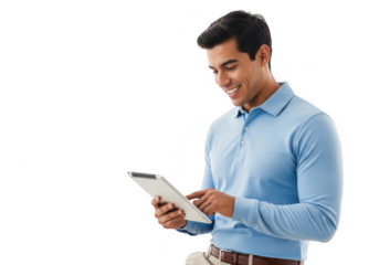 Smiling young man interacting with digital tablet technology indoors professional setting transparent background