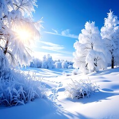 Picturesque winter landscape with snow-covered trees and radiant sunshine