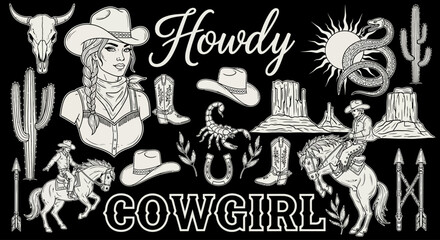 Obraz premium A curated collection of hand-drawn Wild West icons featuring a vintage cowgirl, rodeo horse, and American desert symbols