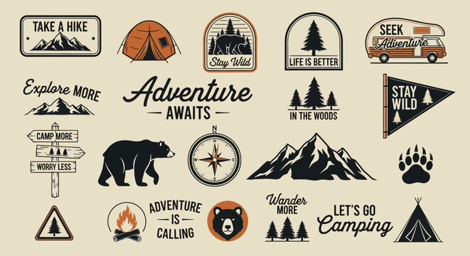 Collection of retro camping and outdoor adventure logos, badges, and emblems for wilderness exploration johny (316)