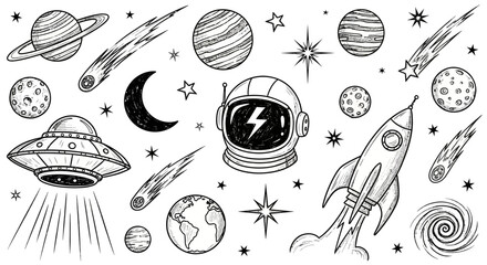Collection of hand-drawn outer space doodles featuring an astronaut helmet, rocket, UFO, and planets in a vintage sketch style. johny (359) © John