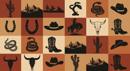 A diverse collection of classic American Wild West symbols featuring cowboy silhouettes, desert landscapes, and rustic icons in a vintage style