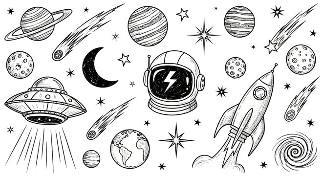 Collection of hand-drawn outer space doodles featuring an astronaut helmet, rocket, UFO, and planets in a vintage sketch style. johny (359)