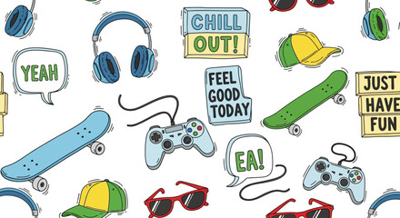 Seamless pattern of hand-drawn youth culture doodles with skateboards, gamepads, and fun slogans, capturing a cool urban vibe johny (420)
