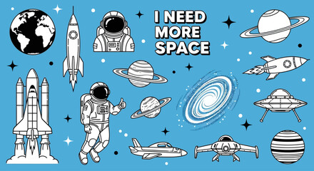 Monochrome vector set of cosmic exploration elements, featuring astronauts, rockets, and celestial objects in a line art style