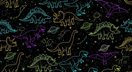 Vibrant neon dinosaurs outlined against a starry cosmos, a seamless pattern of prehistoric creatures exploring the galaxy