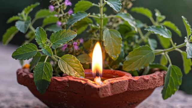 Sacred Holy Basil Plant with a Lit Clay Oil Lamp.