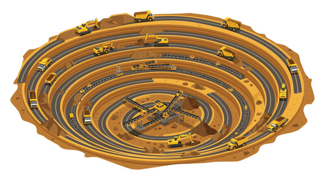 Modern isometric illustration of a vibrant open pit mine with heavy equipment transporting materials, perfect for illustrating construction or resource extraction