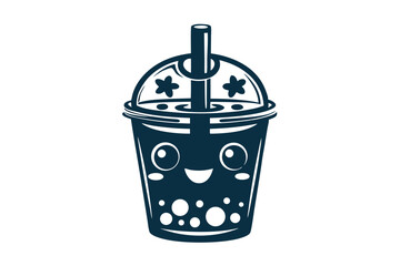Monochromatic bubble tea character smiles with a straw and boba inside