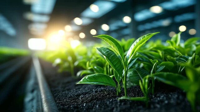 Close up of tea leaves meticulously arranged in rows illuminated by a mix of natural sunlight and industrial lamps details of petals and herbs glowing vividly atmosphere of