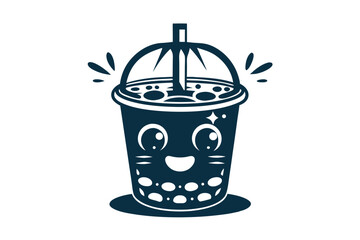 Smiling boba tea cup with straw and shining star in monotone style