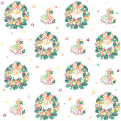 Hand-drawn Christmas wreath and gifts. Cute seamless pattern for packaging design, backgrounds, social media, and the web. Vector