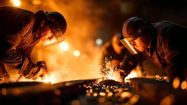 Close up of technicians in heat resistant suits wiping molten metal surfaces visors glowing with reflected orange light sparks floating in the air atmosphere of danger