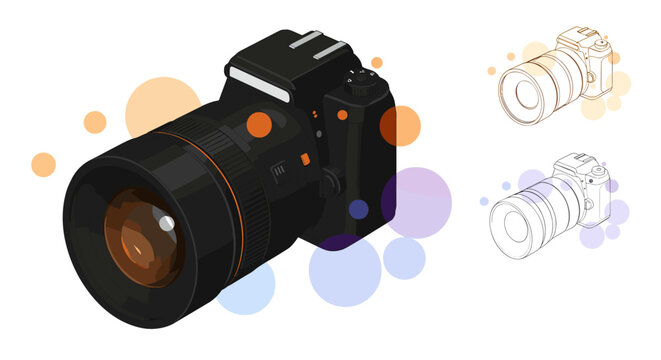 Isometric camera design with colorful circles and line variations