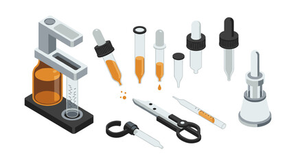 Obraz premium Laboratory equipment set with isometric microscope, pipettes, and tools on white background