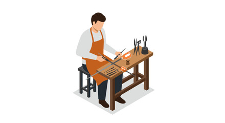 Isometric workshop scene: craftsman at work with tools on a wooden bench