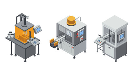 Industrial machinery in isometric style: modern equipment for manufacturing processes