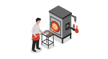 Artisan glassblower in workshop creating art with furnace in isometric style