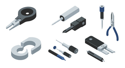 Isometric hand tools collection featuring pliers, screwdrivers, and unique bits on white background