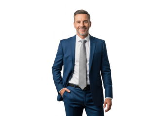 Professional businessman smiling confidently wearing a blue suit and tie with a hand in his pocket transparent background