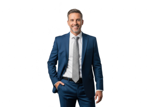 Professional businessman smiling confidently wearing a blue suit and tie with a hand in his pocket transparent background