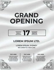 Obraz premium Modern grand opening banner with silver ribbon and grey background, elegant luxury event invitation