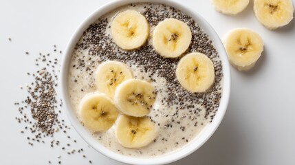 A bowl of banana and chia seed smoothie. The bananas are sliced and scattered around the bowl