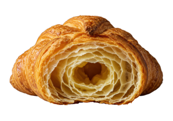 Extreme close-up of a fresh gourmet croissant, torn open, revealing airy, buttery layers, on transparent background. Culinary perfection and irresistible temptation
