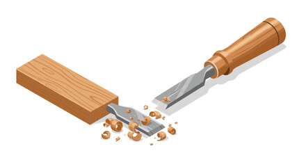 Isometric woodworking scene with chisel and wooden block
