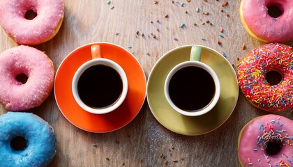 Coffee Cups And Colorful Donuts
